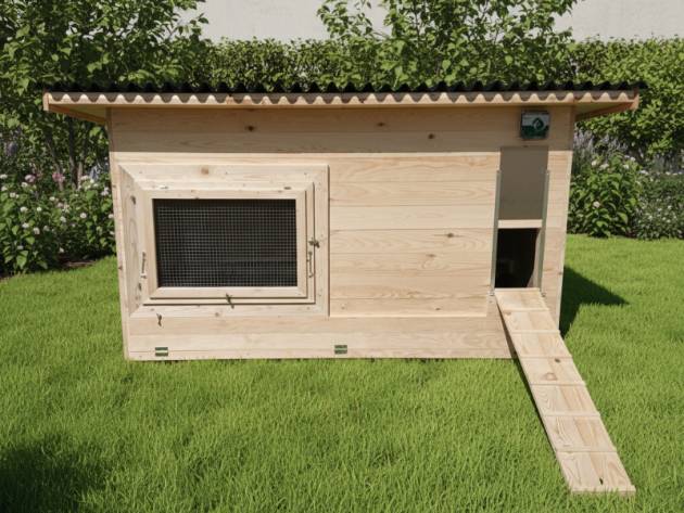 Produktfoto Hühnerstall MAXI mit Pultdach winterfest, vollisoliert und Rampe.