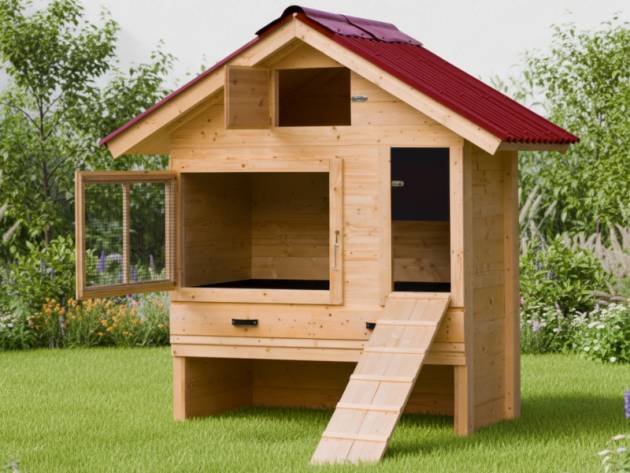 Produktfoto Hühnerstall mit Satteldach und Rampe.