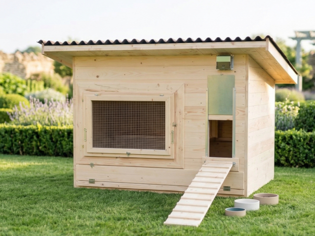 In einem Garten steht ein massives Hühnerhaus mit Pultdach, das winterfest und isoliert ist.