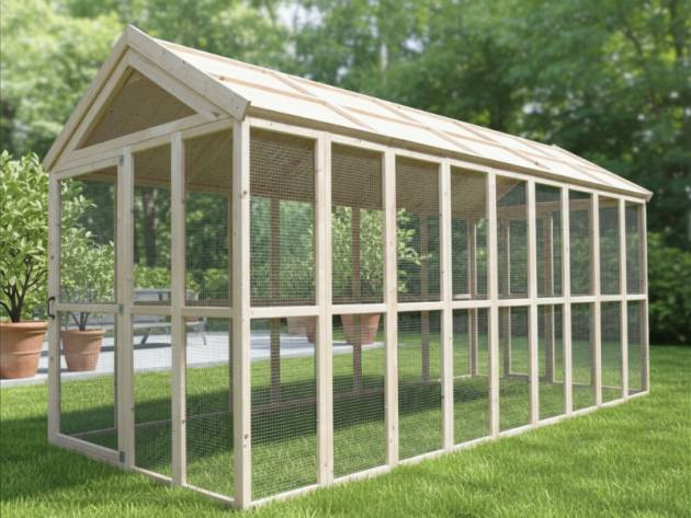 Produktfoto einer Satteldachvoliere für Hühner und Kleintiere in einem Garten.