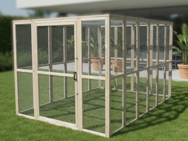 Produktfoto einer Voliere für Hühner und Kleintiere von vorn mit Tür in einem Garten